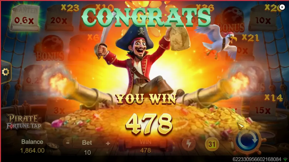 Tampilan antarmuka permainan Pirate Fortune Tap dengan meriam dan target bajak laut